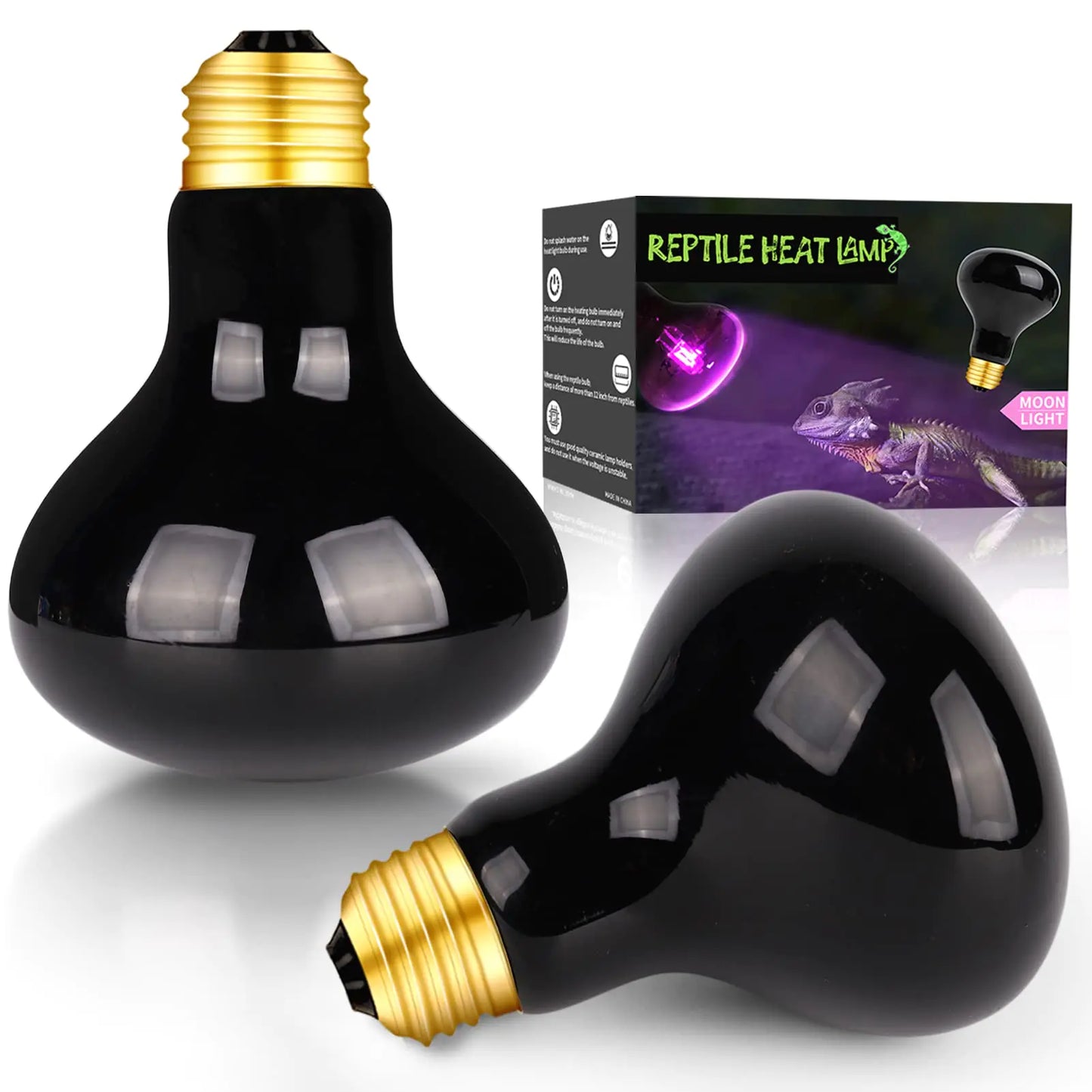 HANJION 2 Pack 75W Reptile Infrared Moonlight Bulb Black Glass Cover Night Heat Lamp Pet Light UVA Basking Spot Lamp for for Reptile and Amphibian Lizard Bearded Dragon ChameleonSnake