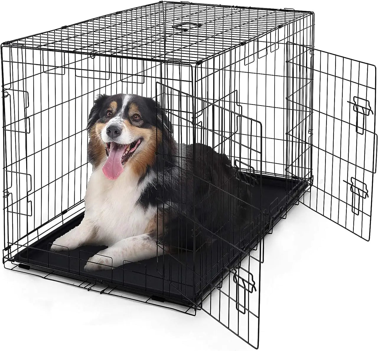 CAPHAUS Foldable Wire Dog Crate Kennel w/Leak-Proof Pan & Protecting Feet & Divider Panel Metal Wire Crate Kennel Small Medium & Large Dog Crate Indoor Wire Dog Cage 42β w/Double Doors Black