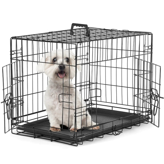 Sweetcrispy Small Dog Crate with Divider Panel24 Inch Double Door Folding Metal Wire Dog Cage with Plastic Leak-Proof Pan Tray Pet Kennel for Indoor Outdoor Travel