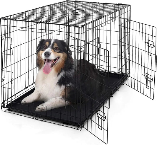 CAPHAUS Foldable Wire Dog Crate Kennel w/Leak-Proof Pan & Protecting Feet & Divider Panel Metal Wire Crate Kennel Small Medium & Large Dog Crate Indoor Wire Dog Cage 42” w/Double Doors Black