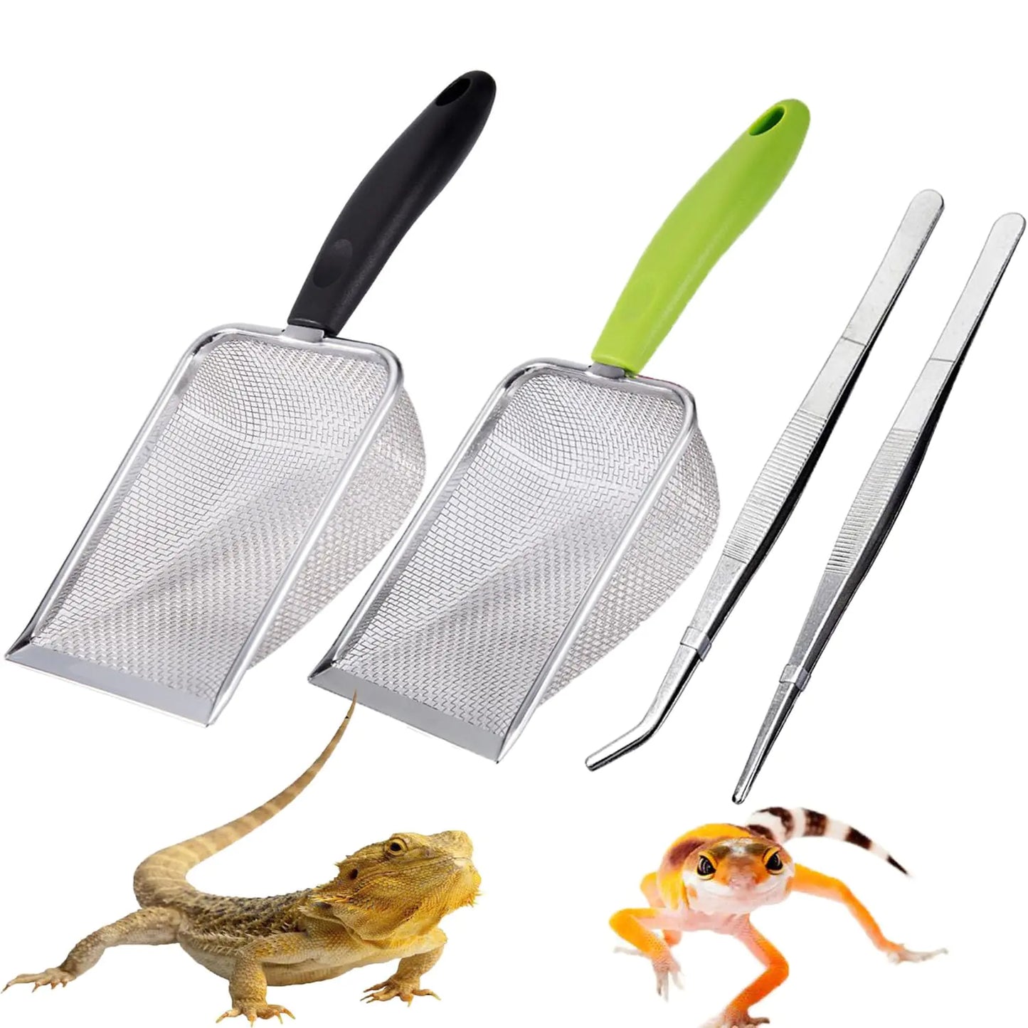 WoYous Reptile Sand Substrate Scoop Reptile Sand Fine Mesh Reptile Scooper Stainless Steel Terrarium Substrate Sand Bedding Litter Cleaner Scoop and Reptile Long Feeding Tongs Set (Green & black-2mm)