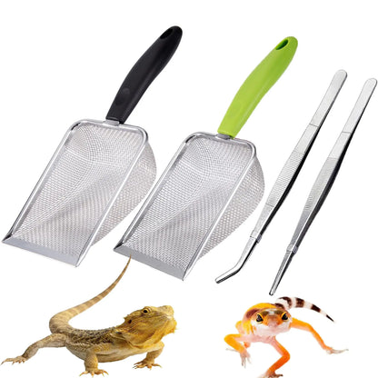 WoYous Reptile Sand Substrate Scoop Reptile Sand Fine Mesh Reptile Scooper Stainless Steel Terrarium Substrate Sand Bedding Litter Cleaner Scoop and Reptile Long Feeding Tongs Set (Green & black-2mm)